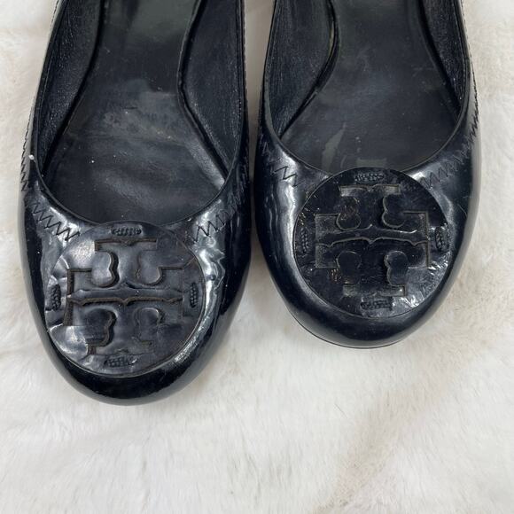 🔥Tory Burch Reva Ballet Flats Black Patent Leather Shoes Logo Women Size 6 - Picture 4 of 13
